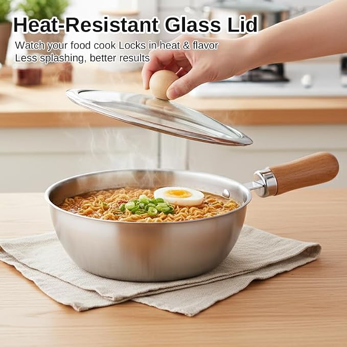 Korean Ramen Pot Set, 18/8 Stainless Steel Ramen Cooking Pot with Glass Lid, Coating-Free One-Person Dining Set, Wooden Handle Bowl, Fork Spoon Chopsticks&Sauce Dish, Safe for Gas Stove