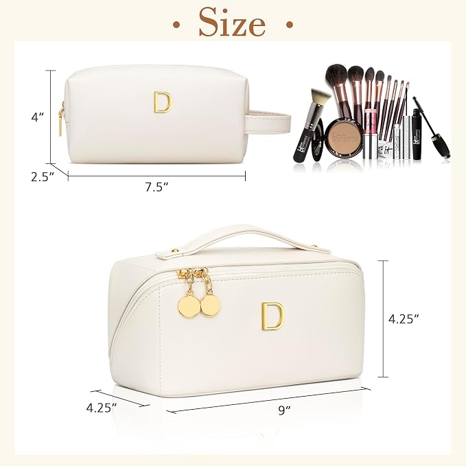 KKXIU Initial Makeup Bag for Women - Personalized Makeup Bag Gifts for Women, Travel Toiletry Bag with PU Leather, Open Flat Design with Top Handle, Cosmetic Bag Set with Multi-Pocket (Beige,D)