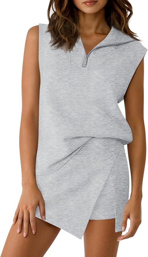 Fisoew Womens 2 Piece Skirt Sets Summer Sleeveless Half Zip Sweatshirt Athletic Skorts Tennis Outfits Casual Sweatsuits