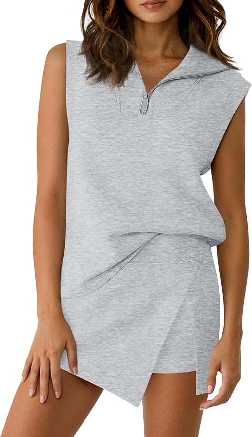 Fisoew Womens 2 Piece Skirt Sets Summer Sleeveless Half Zip Sweatshirt Athletic Skorts Tennis Outfits Casual Sweatsuits