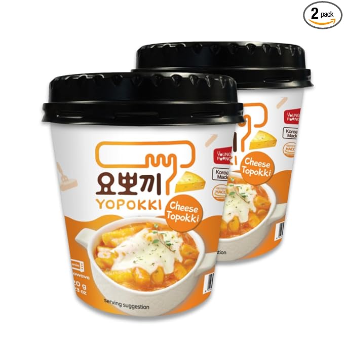 Yopokki Instant Tteokbokki Rice Cakes Korean, Cheese Topokki Cup - Great with Cheese and Ramen Toppings, Korean Snacks for College Dorm, Korean Street Food Quick & Easy to Prepare, Pack of 2
