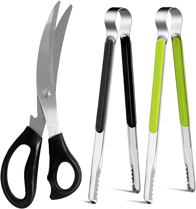 Kitchen Scissors, Korean Barbecue Sheras and Tongs Set,Kitchen Scissors for Meat Cutting, Chicken, Vegetables,Stainless Steel Non-slip Serrated Sharp BBQ Multipurpose Kitchen Sheras Tongs