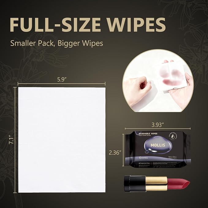 MOLLIS Flushable Travel Wipes with Witch Hazel & Vitamin E, Unscented & Alcohol-Free, Pocket Size Mini Packs, 100% Plant-Based, Safe for Sensitive Skin, 6 Packs (36 Wipes Total)