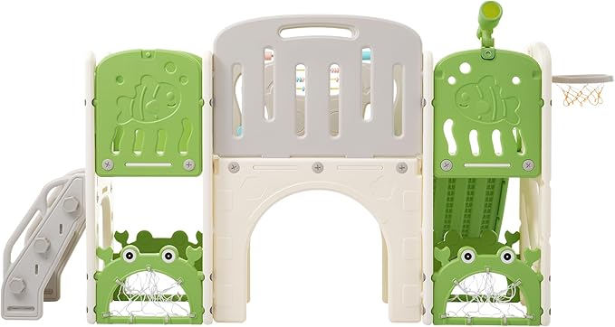 11in 1 Toddler Slide, Kid Slide for Toddlers Age 1-3 with Telescope, Basketball Hoop, and Telescope, Indoor Outdoor Playset Playground Green Grey