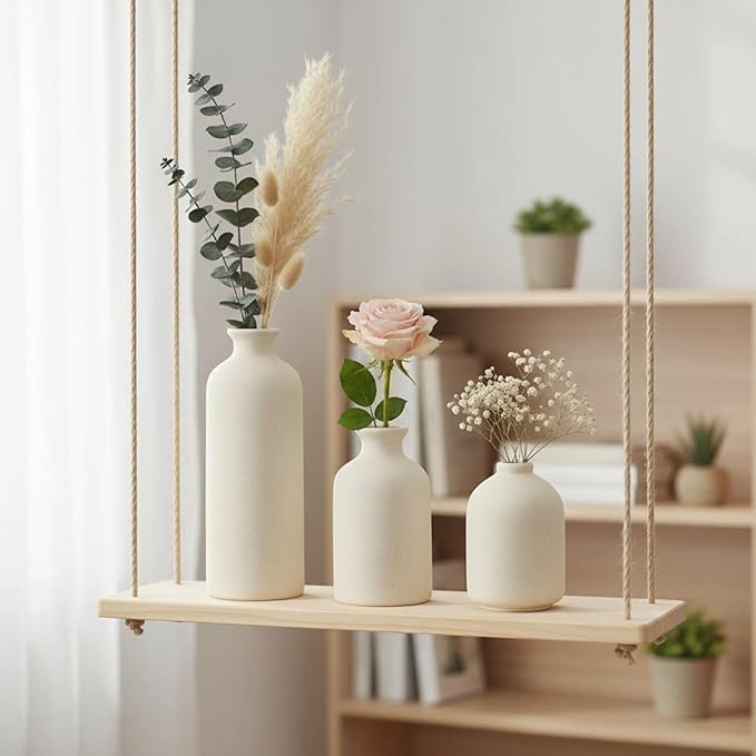 Small Ceramic Vase Set of 3,Modern Boho Farmhouse Flowers Vases | Decorative Vase for Dried Flowers,Pampas Grass,Home Decor,Shelf,Bathroom,Centerpiece for Entryway Table Distressed