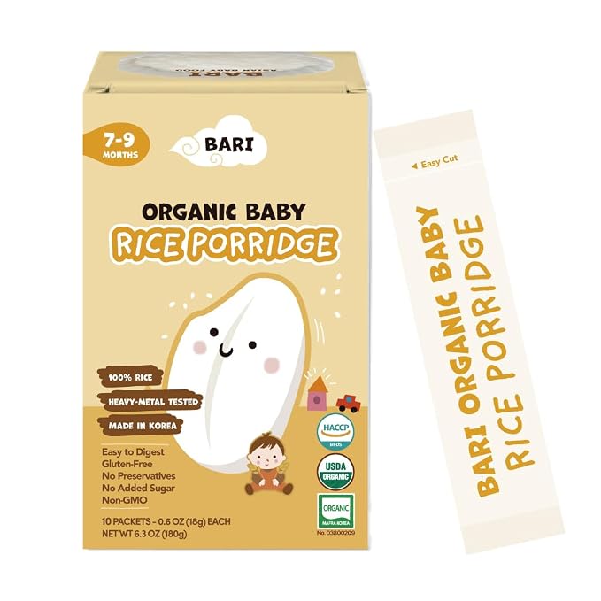 BARI Organic Baby Rice Porridge – Stage 2 – For Babies 7+ Months | USDA Organic, Heavy Metal Tested, Korean Rice Cereal, No Added Sugar, Gluten-Free | 6.3 oz (10 Packets)