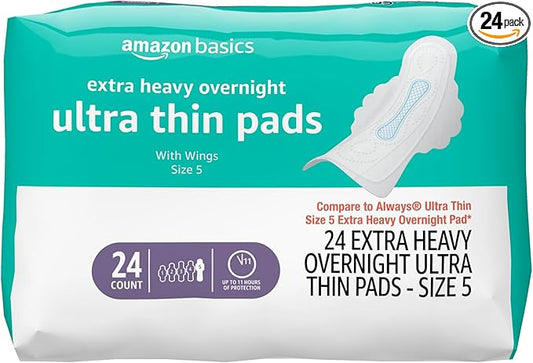 Amazon Basics Ultra Thin Pads with Flexi-Wings for Periods, Extra Heavy Overnight Absorbency, Unscented, Size 5, 24 Count, 1 Pack (Previously Solimo)