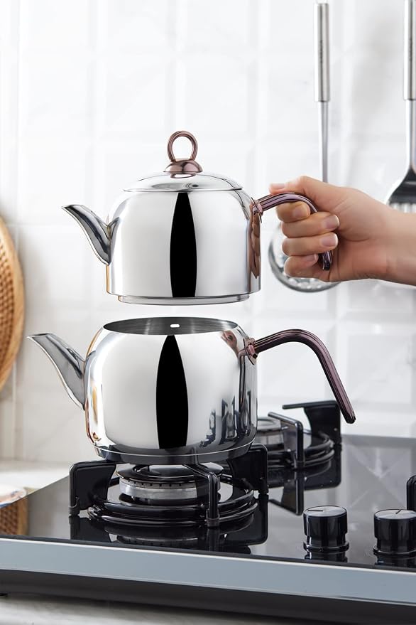 Karaca Urban Metal Turkish Teapot Set, Medium 30cm Double Teapot Set, Durable 18/10 Stainless Steel Body, 3.5 Qt (3.3 Liters) Total Capacity Stackable Tea Maker with Teapot Lid, Silver