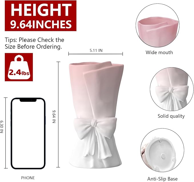 Relexome Pink White Ceramic Bow Vase 9.64 in Unique Cute Modern Decorative Bouquet Flower Vases for Home Living Room Table Decor