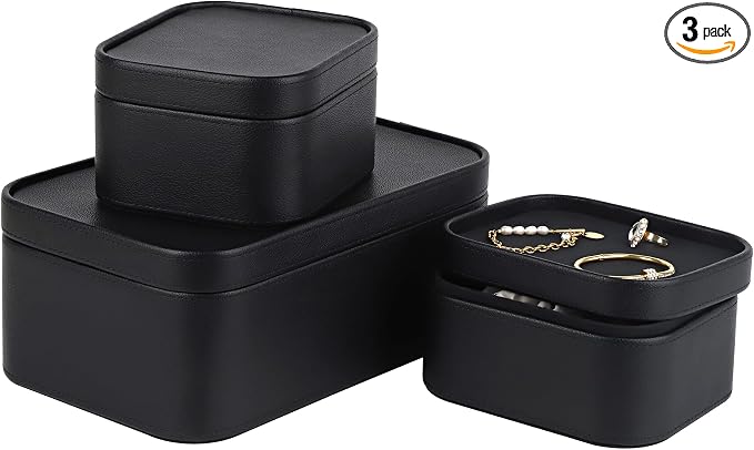 HofferRuffer Faux Leather Decorative Storage Boxes, Dust proof Storage Shelf Baskets with Lids Trays, Storage Bins Memory Box Organizer for Home, Office, Jewelry & More, Set of 3 (Black)