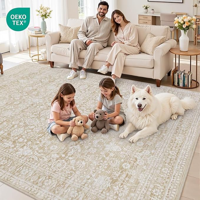 8x10 Area Rugs for Living Room: Vintage Boho Neutral Washable Rug Indoor Soft Large Area Rug Carpet for Bedroom Nursery Farmhouse Dining Room Office Floor Non-Slip Low Pile Under Table Natural Beige