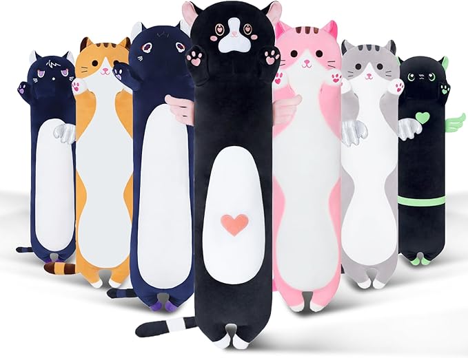 Long Cat Body Pillow for Kids, Cute Cat Stuffed Animals Gifts for Girls, Long Cat Plush Toy for Birthday, Soft Cat Plushies Pillow (AngelCat Pink, 27.6in/70cm)