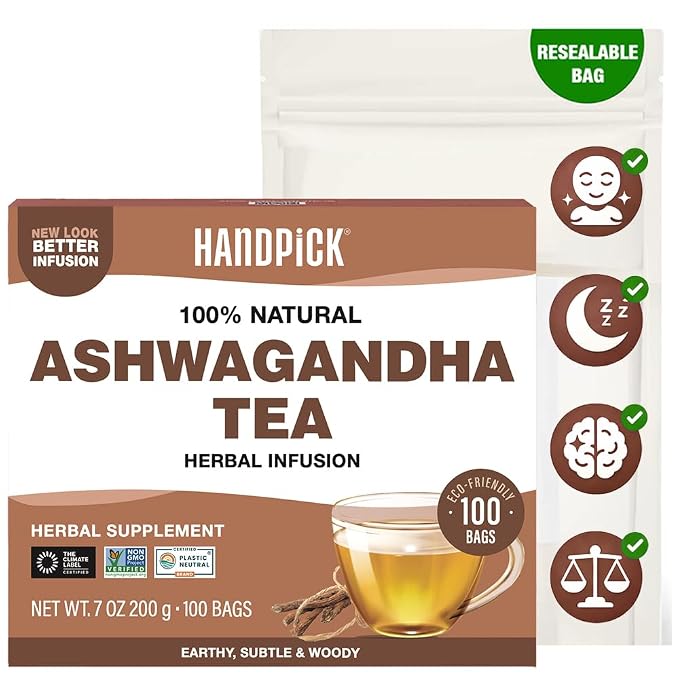 HANDPICK, Ashwagandha Root Tea (100 tea Bags) | Caffeine Free, Gluten Free | Packed in Ecofriendly Tea Bags
