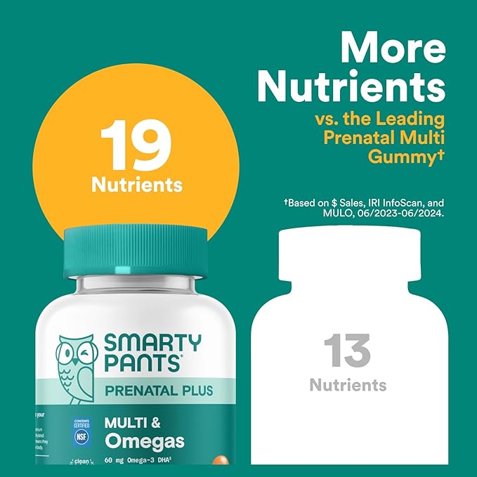 SmartyPants Prenatal Multivitamin Gummies - Improved Formula: Omega 3 (DHA/EPA), Methylfolate, Biotin, Vitamin D3, C, Vitamin B12, B6, Vitamin A, K & Zinc, Gluten Free, 90 Count (30 Day Supply)