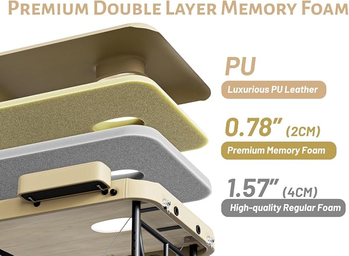 Professional Massage Table Portable 3 Fold Premium Memory Foam Aluminium Leg Hold Up to 1100LBS 8 Heights Adjustable with Carrying Bag Cream