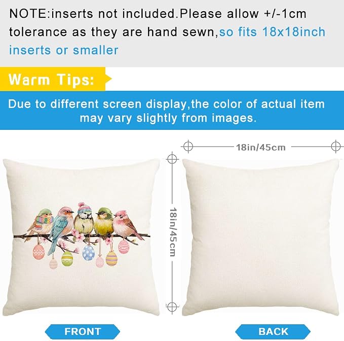RABUSOFA Easter Pillow Covers 18x18 inch Easter Decorations Pink Birds Colorful Eggs Throw Pillows for Bedroom Sofa Holiday Festivals Home Decor
