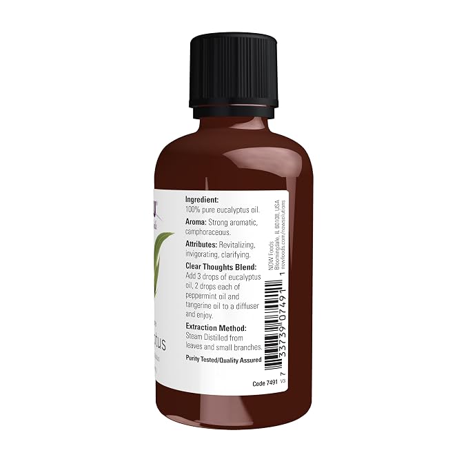 NOW Essential Oils, Eucalyptus Oil, Clarifying Aromatherapy Scent, Steam Distilled, 100% Pure, Vegan, Child Resistant Cap, 2-Ounce