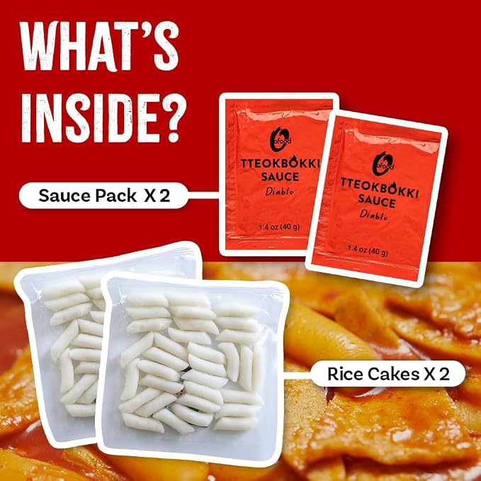 O’Food Tteokbokki Korean Rice Cakes – [Garlic | Pack of 2] – Gluten-Free (Except BBQ), Healthy/Savory/Bold/Fiery, 0 Cholesterol/ 0 Trans Fat/No MSG/No Corn Syrup, Spicy Street Snack, Ready in Minutes