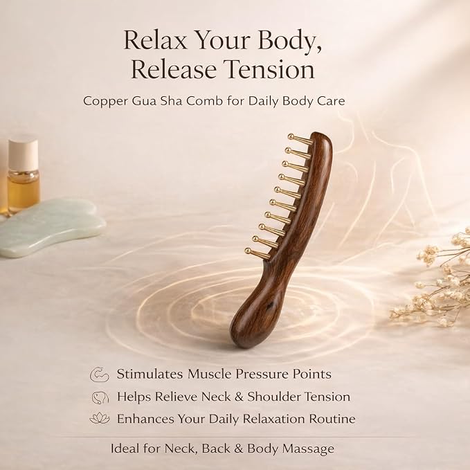 Copper Gua Sha Tool & Scalp Massager Comb Set - Professional Meridian Scraping Kit for Body, Neck & Lymphatic Drainage - Premium Sandalwood & Brass Massage Gift Set - Ideal Mother’s Day Gift