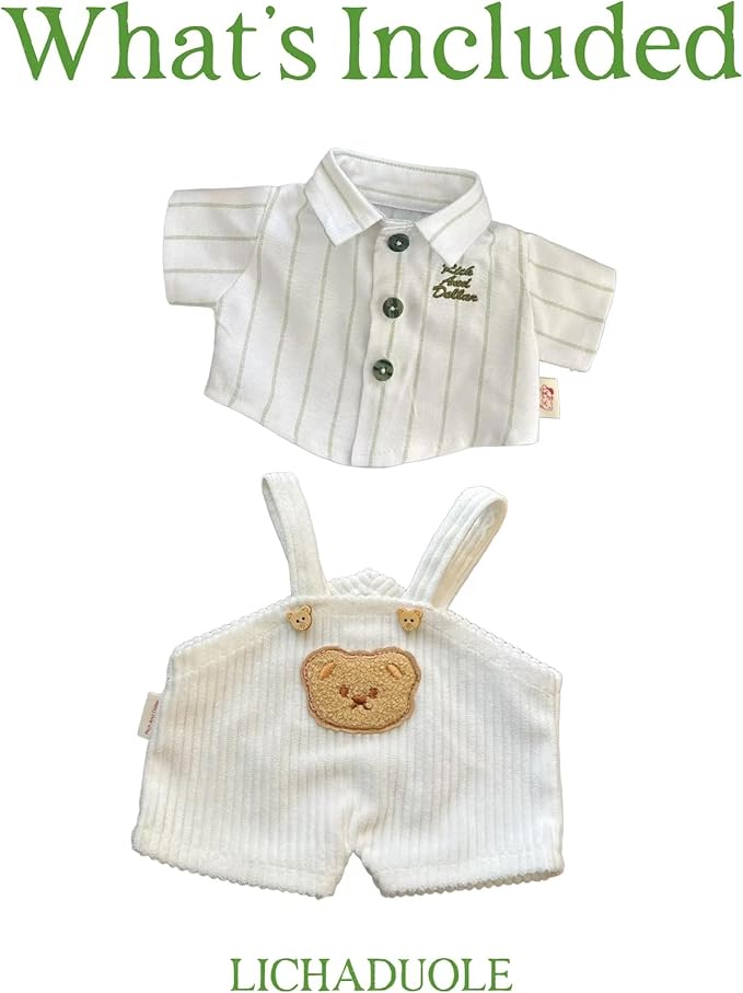 9-12''/30cm Stuffed Animal Doll Clothes Striped Shirt & White Overalls Set for Bashful Bunny and Teddybear(NO Doll)