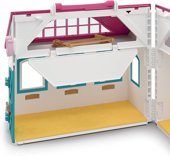 Schleich Horse Club - 60PC Little Horseshoe Open Stable Playset - Easy Carry Set with 2 Horse Figurines, Action Figure, Stable and Accessories - Toy Horses for Girls and Boys - Kids Ages 4+ | 42703