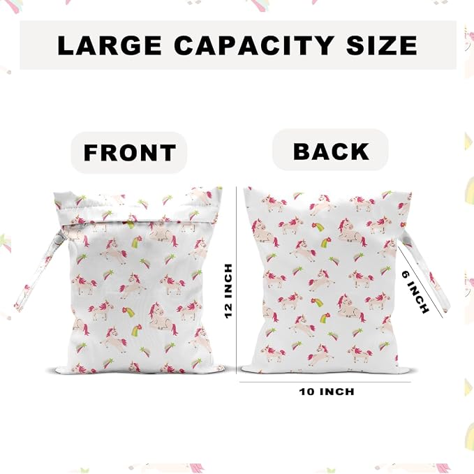 Unicorn Wet Dry Bag 12x10 Inch, Waterproof Reusable Wet Bag with Two Zippered Pockets & Handle for Swimsuit Travel Beach Pool Gym Stroller Dirty Yoga Gym Clothes Toiletries Daycare Organizer