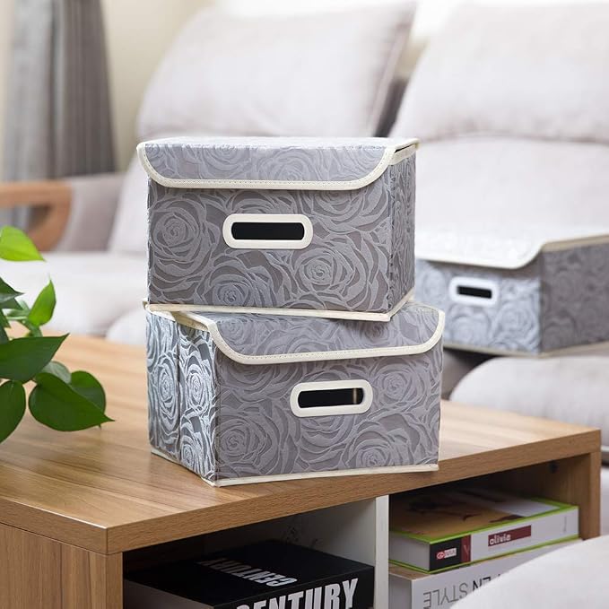 Stackable Storage Boxes with Lids [5-Pack] Fabric Decorative Storage Bins Cubes Organizer Containers Baskets with Cover Handles Divider for Bedroom Closet Living Room Grey 9.8x7.9x6.7 Inch