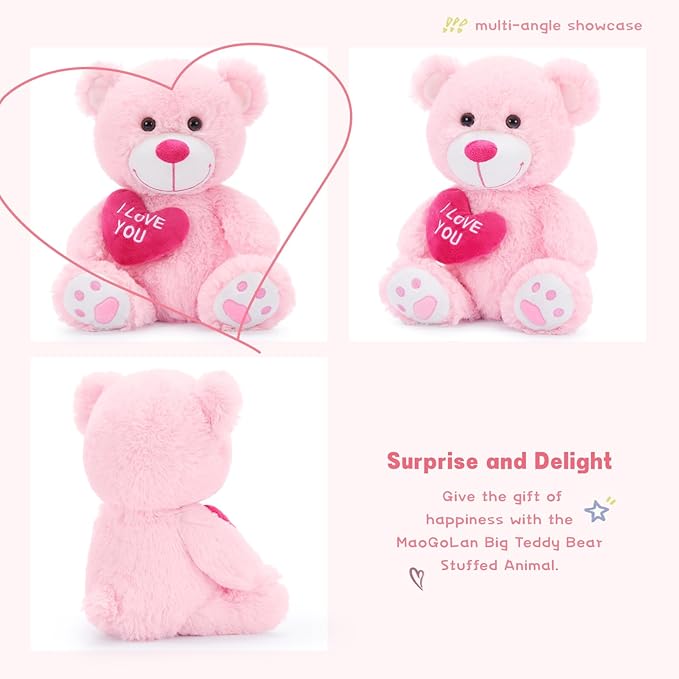 MaoGoLan Small Teddy Bear with Red Heart, I Love You Valentines Teddy Bear Stuffed Animal Pink,Velvet Red Heart Bear Gift for Kids,Girlfriend,Wife,12"