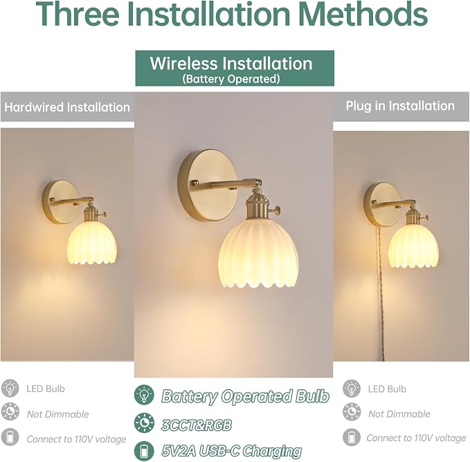 Shenmoyl Vintage Battery Operated Wall Sconce with White Tulip Glass Lampshade Rechargeable Battery Powered Wall Light with Remote Control for Bedside Bedroom Doorway