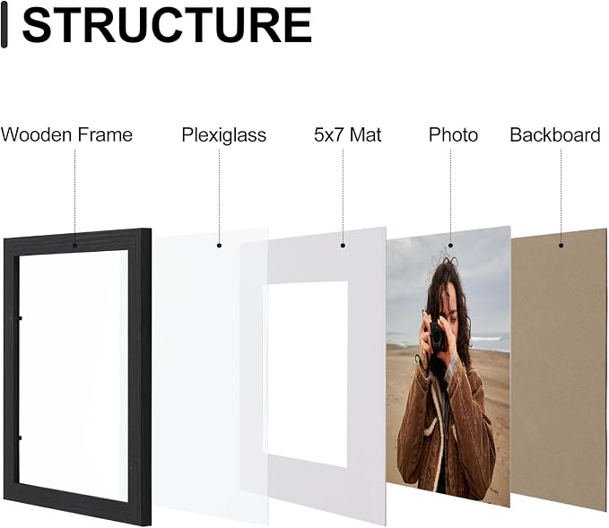 Vittanly 8x10 Picture Frames Set of 9, Wall & Tabletop, Black&Grey&White | Display Pictures 5x7 with Mat or 8x10 without Mat, Small Photo Frames, Engineered Wood with Shatter Resistant Plexiglass