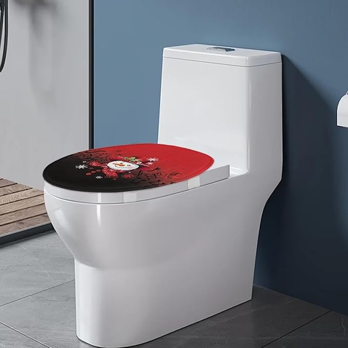 Toilet Seat Cover, Bathroom Accessories Fits Most Round and Elongated Toilet Seats, Flannel Comfortable Toilet Lid Cover-Christmas Snowman Design