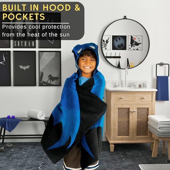 Batman DC Comics Kids Super Soft Bath/Pool/Beach Soft Cotton Terry Hooded Towel Wrap, 24 in x 50 in, (Officially Licensed Product) By Franco
