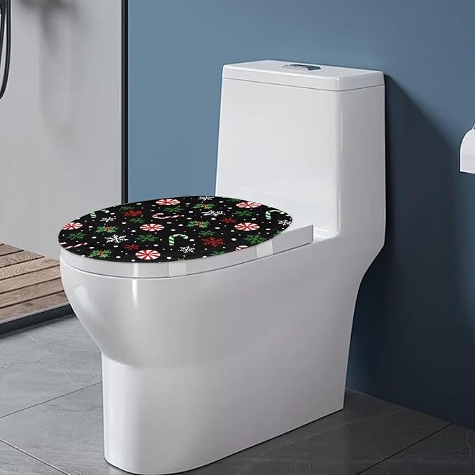 Toilet Seat Cover, Flannel Soft Bathroom Accessories Toilet Lid Cover,Christmas Candy Print Machine Washable Reusable Toilet Seat Cover