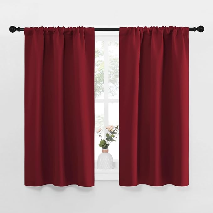 NICETOWN Christmas Burgundy Curtains Blackout Drape Panels - Lights Block Out Window Treatment Short Curtain Sets for Loft and Basement Decoration (Set of 2, 34 by 45-Inch)