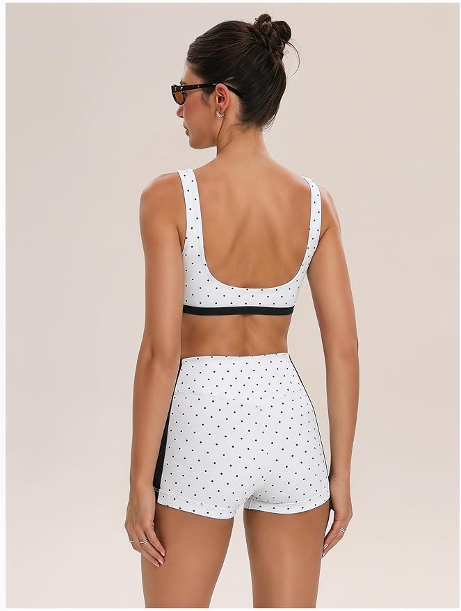 Milumia Women's Polka Dots Workout Set 2 Piece Color Block Bra Tank High Waisted Biker Shorts Layered Matching Yoga Outfit