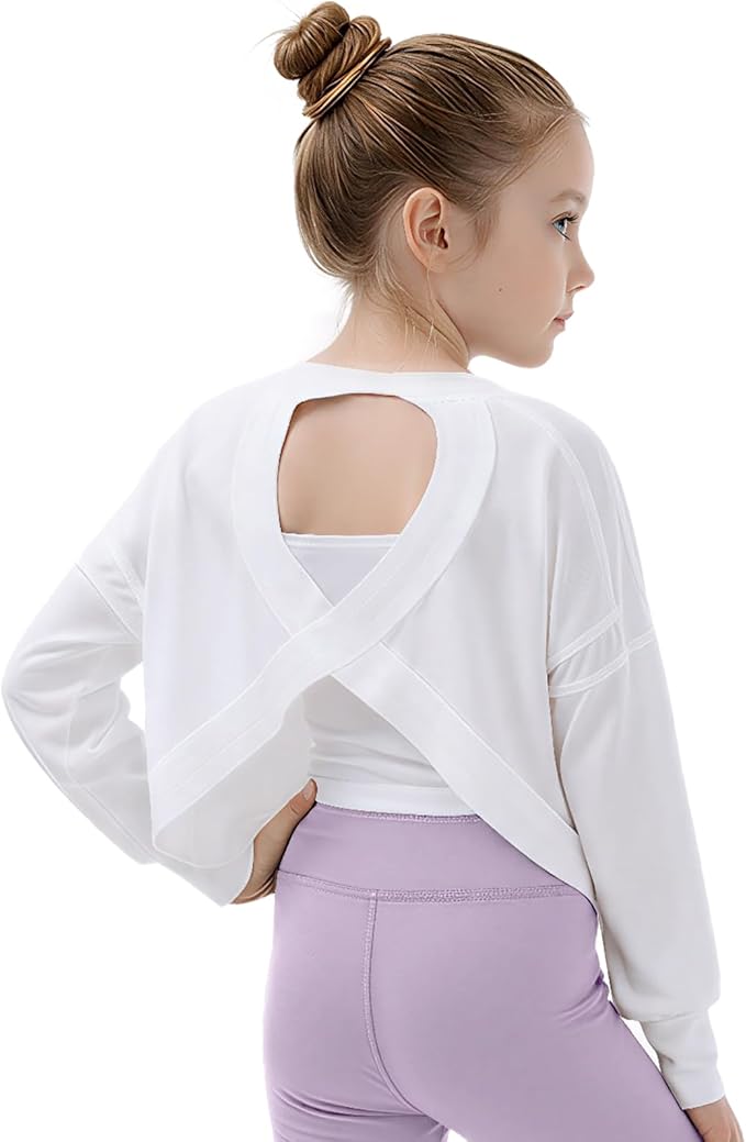 Gogokids Girls Shirts Long Sleeve Athletic Shirts Open Back Tops Active Sports Tshirts Yoga Workout Crop Tees 5-14 Years