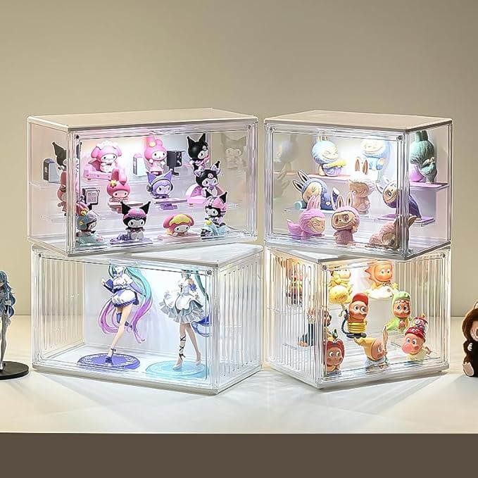 3 Tiers Clear Display Case with Lights, Acrylic Storage Organizers Box with Magnetic Door, Acrylic Dustproof Showcase for Collectibles Action Figure((1, White Large)