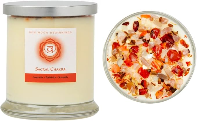 Sacral Chakra Candle by New Moon Beginnings - Chakra Candles - Dried Flower, Herb, & Crystal Candles - Aromatherapy Candles - Soy Candle - 12oz Glass Jar