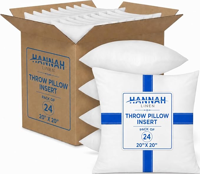 Hannah Linen Throw Pillow Inserts 20x20 – 24 Pack Square Decorative Pillow Insert for Couch, Sofa & Bed, Soft Fluffy Polyester Filled Cushion Stuffers, Indoor Home Decor Pillows