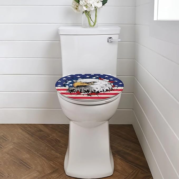 USA Eagle Poinsettia Toilet Seat Cover with Elastic Band for Bathroom Patriotic Decorations American Flag Toilet Tank Dust Cover Soft Toilet Seat Cover Universal for Most Toilet Bowl Lids