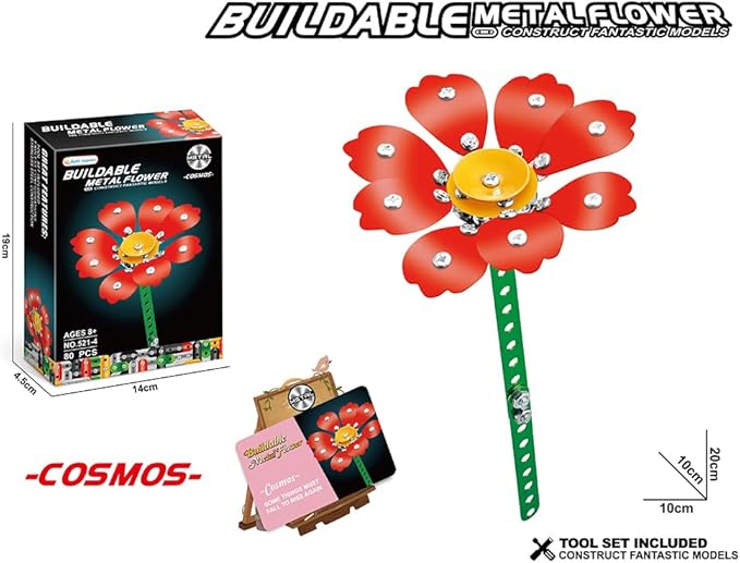86-Piece Buildable Metal Flower Craft Kit – DIY Red Floral Assembly Model, Creative Construction Toy & Home Décor Gift for Adults and Kids