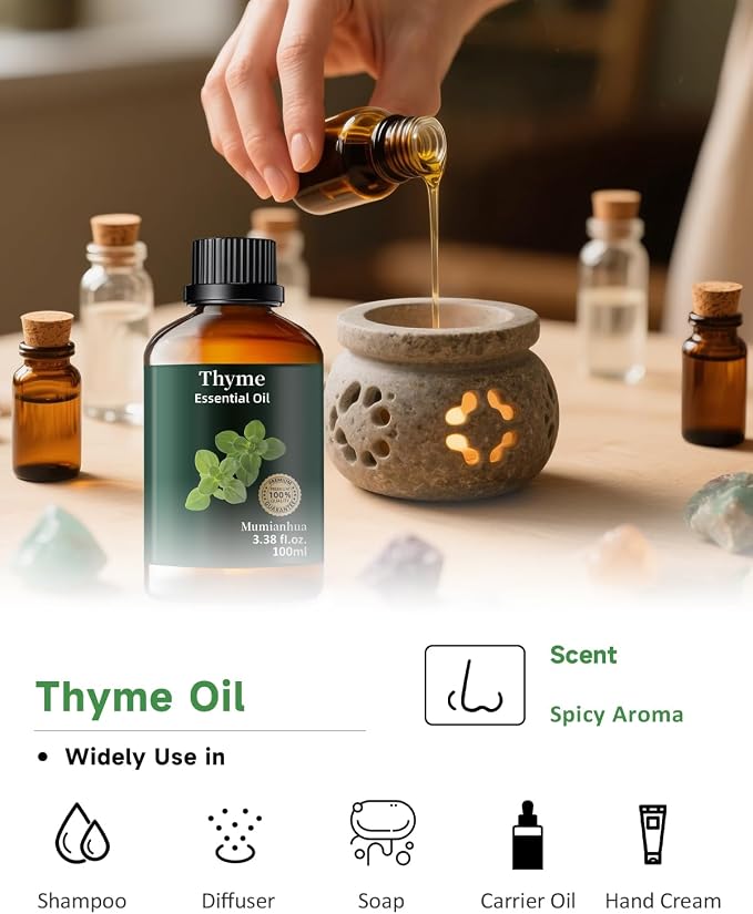 Thyme Essential Oil, Herbaceous Scent, Outdoor, Diffuser & DIY, 3.38 Fl Oz | Mumianhua Thyme Oil, Steam-Distilled. Warm, Herbal Aroma. For Outdoor Spray, Skin & Scalp Care, Home Freshening & DIY