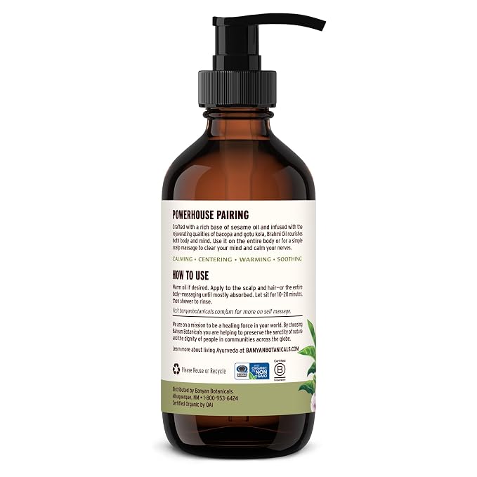 Banyan Botanicals Brahmi Oil with Sesame Base – Organic Ayurvedic Massage Oil with Gotu Kola and Bacopa ­­– Calming Massage Oil for Focus & Relaxation – 8 oz – Non GMO Sustainably Sourced Abhyanga Oil