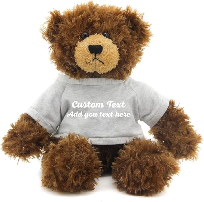 Customized Chocolate Brandon Bear - 12 inch Personalized Stuffed Bear Plush Toy - Perfect Custom Shirt Bear Gift for Graduation Valentines Graduation Easter Holidays (Gray Shirt)