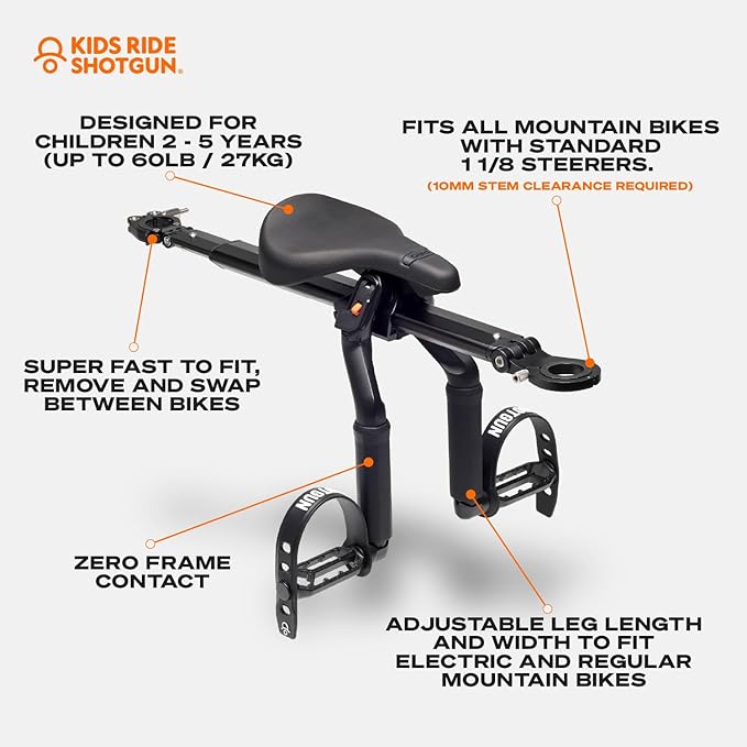 Kids Ride Shotgun - Child Bike Seat & Handlebar Combos - Front Mounted, for Children Aged 2~5 Years, Fits Most Adult Modern Mountain Bikes, Adjustable for Comfort