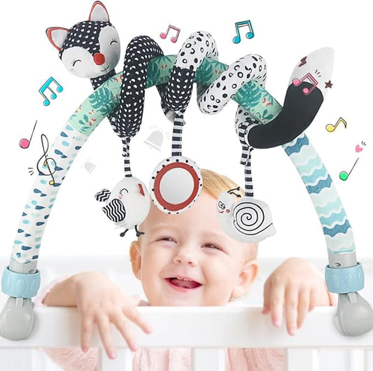 Caterbee Baby Stroller Arch Toys, Black and White Hanging Toy Activity Set, Stretch & Spiral Adjustable Clamp for Cribs & Car Seats, Includes Rattles, Squeaker & Teether for Newborns and Infants (02)