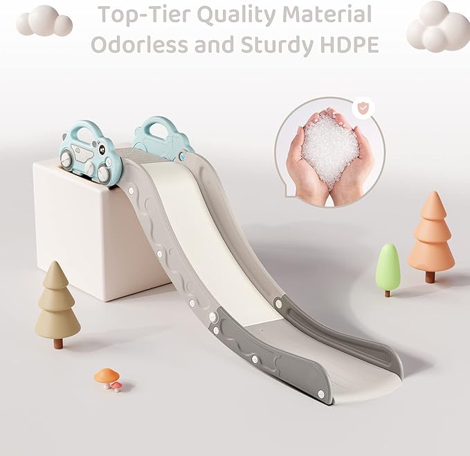Indoor Kids Baby Couch Slide for Toddler 1-3, Sofa Slide Add-on Attachment for Bed Nugget Playgrounds, with Secure Base Guardrail, Gentle Slope Extended Buffer Zone, Fun Car Design, Blue