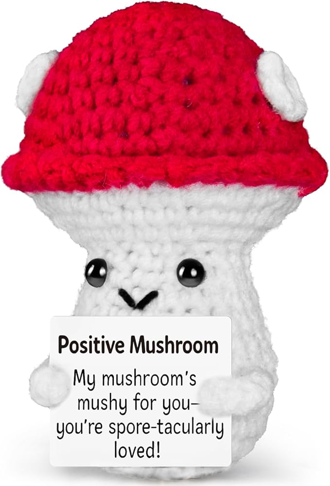 Emotional Support Crochet, Positive Crochet Mushroom, Encouragement Gifts for Women Men Birthday Christmas Self Care Friends Coworkers Relaxation Gift Desk Home Fall Decor Inspirational Support