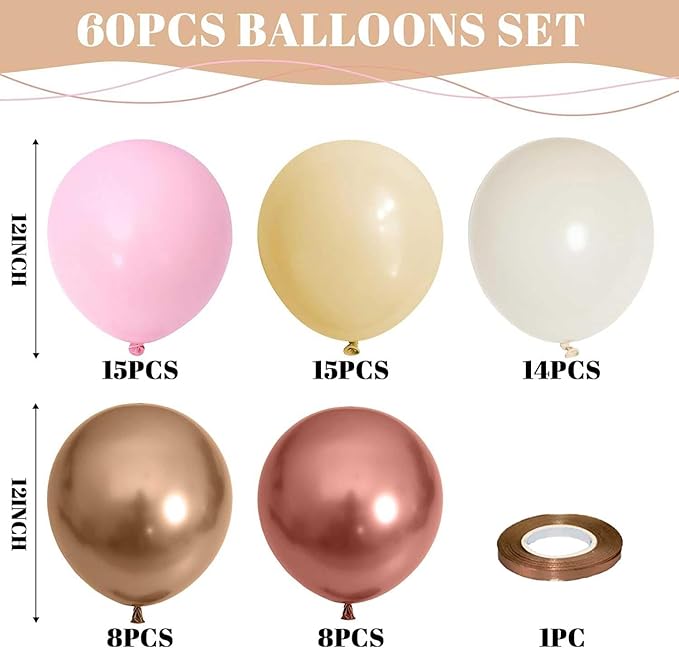 Rose Gold and Pink Balloons, 60PCS Baby Pink Apricot Ivory White Balloon 12Inch Metallic Chrome Gold Rose Gold Balloon Beige Blush Nude Balloon for Boho Wedding Bridal Baby Shower Birthday Decorations