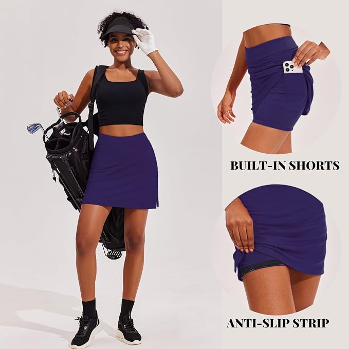 Ekouaer 16" Skorts for Women with Pockets Golf Pickleball Tennis Skirt | Silicone Grippers,2 Inner Pockets,Wide Waist,Side Slit Hem,Breathable,Soft,Lightweight